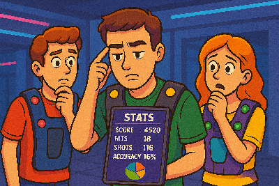 Tři laser game hráči přemýšlejí nad svými statistikami.