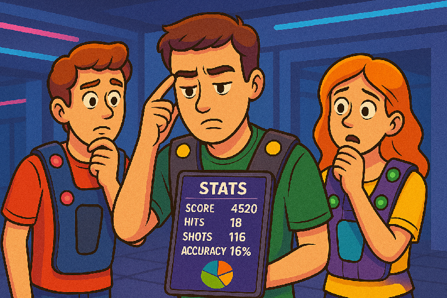 Tři laser game hráči přemýšlejí nad svými statistikami.
